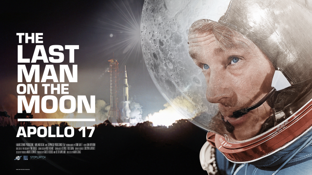 Pictures of a Saturn V launch and the moon surface appear in the background of a closeup of helmeted Astronaut Gene Cernan wearing the Apollo lunar spacesuit